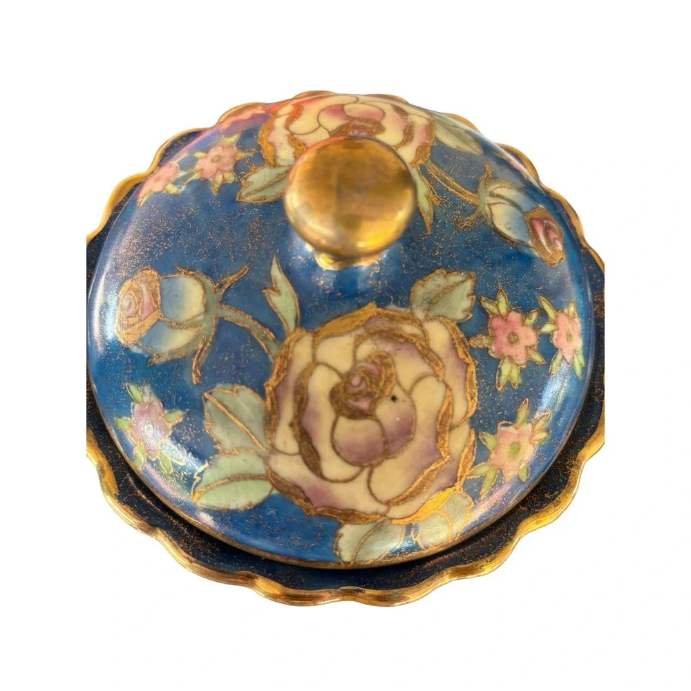 Cloisonné Lidded Ginger Jar Blue  Flowers Vintage‎